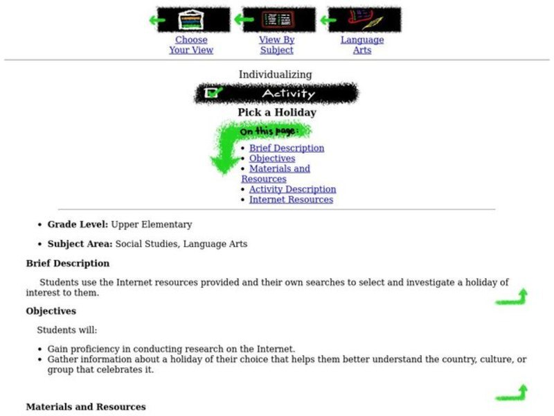 Pick a Holiday Lesson Plan Pick a Holiday Lesson Plan