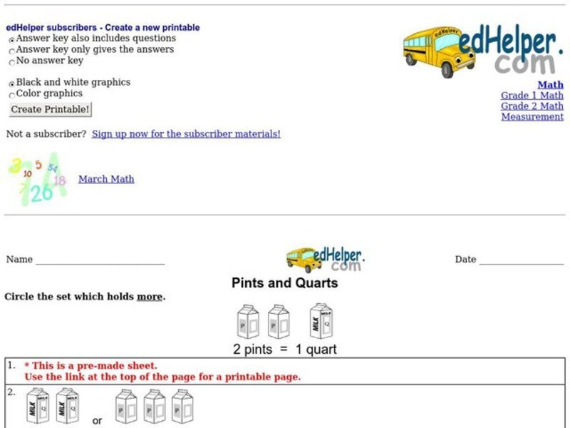 Pints and Quarts Worksheet Pints and Quarts Worksheet