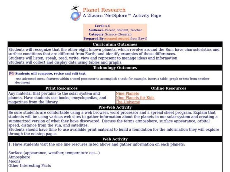 Planet Research Lesson Plan Planet Research Lesson Plan