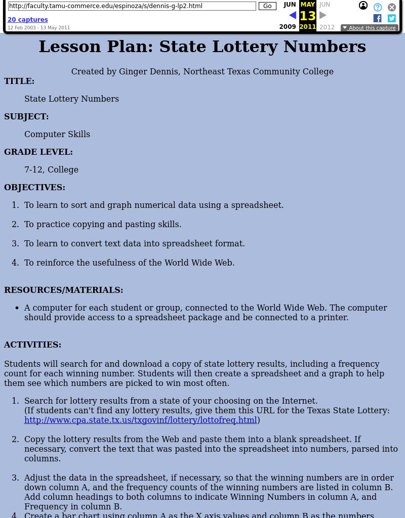 State Lottery Numbers Lesson Plan State Lottery Numbers Lesson Plan