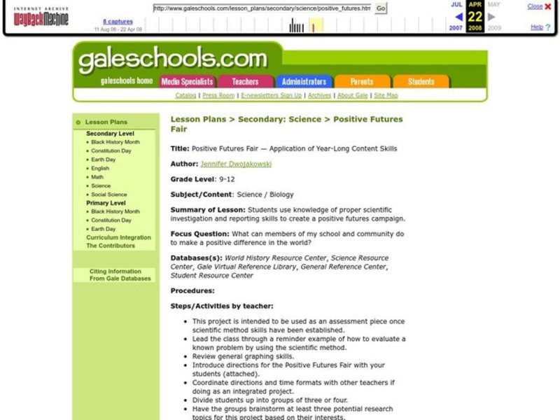 Positive Futures Fair - Application of Year-Long Content Skills Lesson Plan Positive Futures Fair - Application of Year-Long Content Skills Lesson Plan