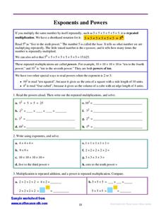 Powers and Exponents Worksheet Powers and Exponents Worksheet