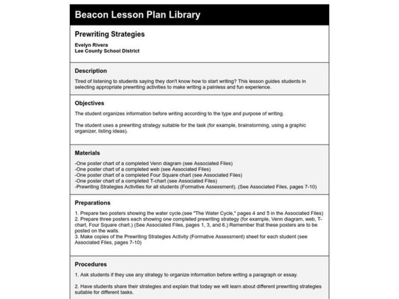 Prewriting Strategies Lesson Plan Prewriting Strategies Lesson Plan