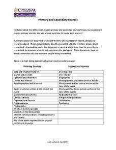 Primary and Secondary Sources Handout Primary and Secondary Sources Handout