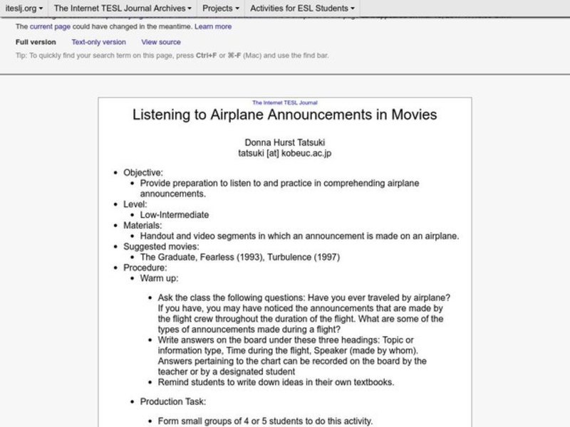 Listening to Airplane Announcements in Movies Lesson Plan Listening to Airplane Announcements in Movies Lesson Plan