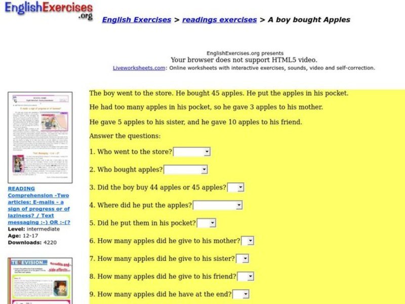 Reading Comprehension Exercise Interactive Reading Comprehension Exercise Interactive