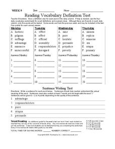 Reading Vocabulary Definition Test Worksheet Reading Vocabulary Definition Test Worksheet