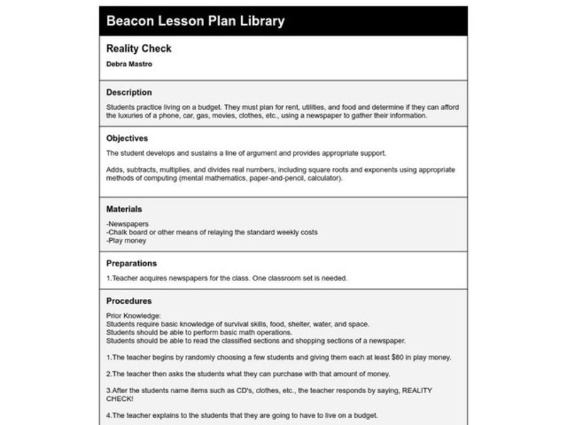 Reality Check Lesson Plan Reality Check Lesson Plan