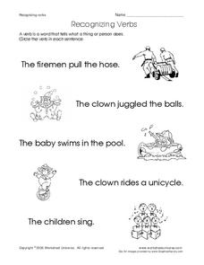 Recognizing Verbs Worksheet Recognizing Verbs Worksheet