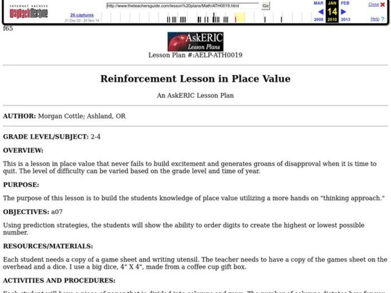 Reinforcement Lesson in Place Value Lesson Plan Reinforcement Lesson in Place Value Lesson Plan