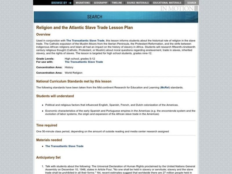 RELIGION AND THE ATLANTIC SLAVE TRADE Lesson Plan RELIGION AND THE ATLANTIC SLAVE TRADE Lesson Plan