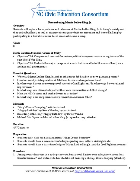Remembering Martin Luther King, Jr. Lesson Plan Remembering Martin Luther King, Jr. Lesson Plan