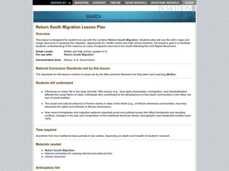 Return South Migration Lesson Plan Lesson Plan Return South Migration Lesson Plan Lesson Plan