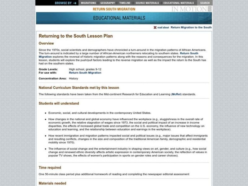 Returning to the South Lesson Plan Returning to the South Lesson Plan