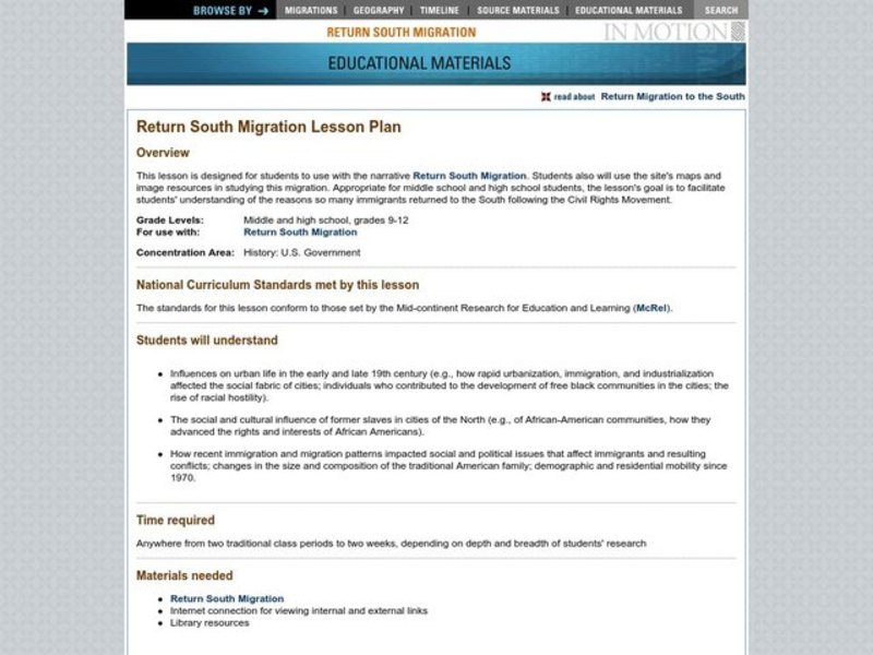 Return South Migration Lesson Plan Lesson Plan Return South Migration Lesson Plan Lesson Plan