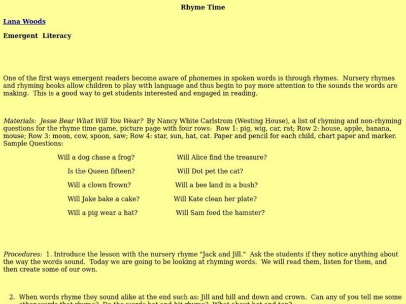 Rhyme Time Lesson Plan Rhyme Time Lesson Plan