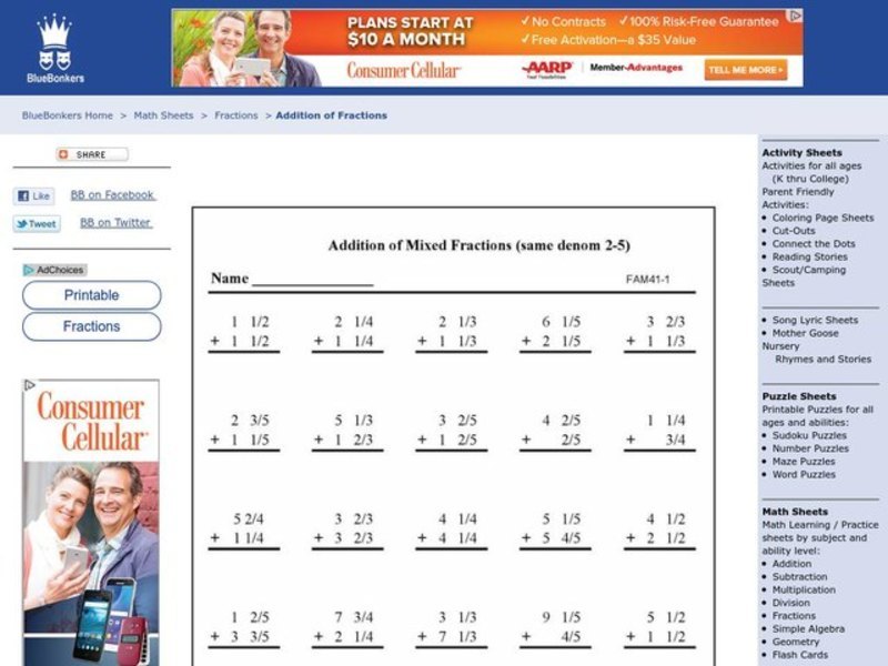 Addition of Mixed Fractions Worksheet Addition of Mixed Fractions Worksheet