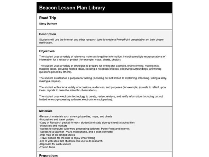 Road Trip Lesson Plan Road Trip Lesson Plan