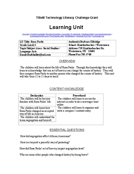 Rosa Parks Lesson Plan Rosa Parks Lesson Plan