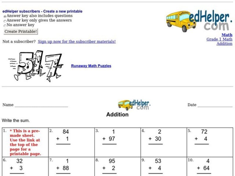 Addition Review Worksheet Addition Review Worksheet