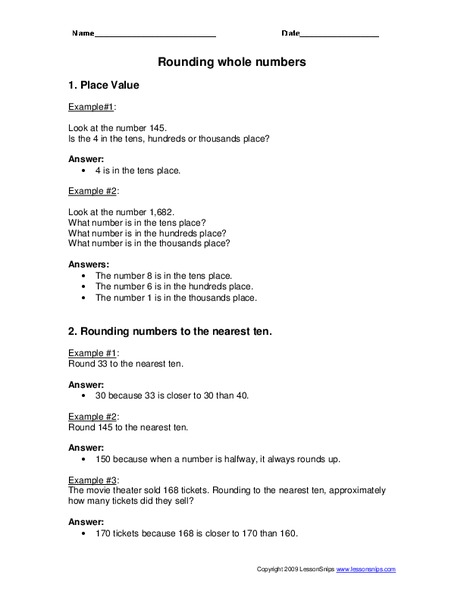 Rounding Whole Numbers Worksheet Rounding Whole Numbers Worksheet