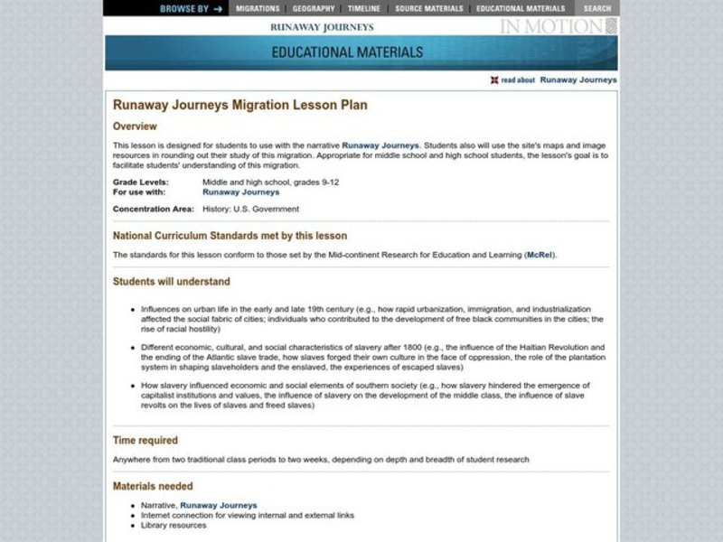 Runaway Journeys Migration Lesson Plan Runaway Journeys Migration Lesson Plan