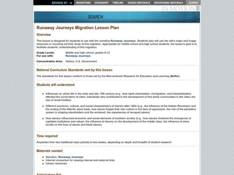 RUNAWAY JOURNEYS MIGRATION Lesson Plan RUNAWAY JOURNEYS MIGRATION Lesson Plan