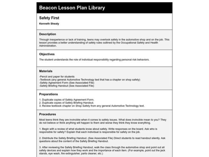 Safety First Lesson Plan Safety First Lesson Plan