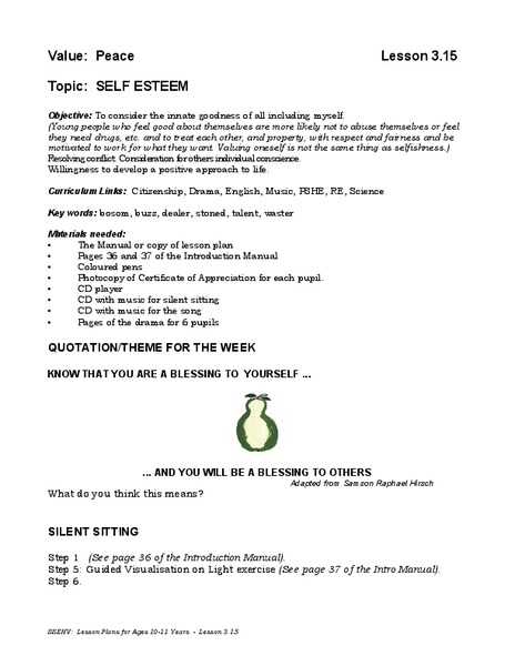 Self Esteem Lesson Plan Self Esteem Lesson Plan