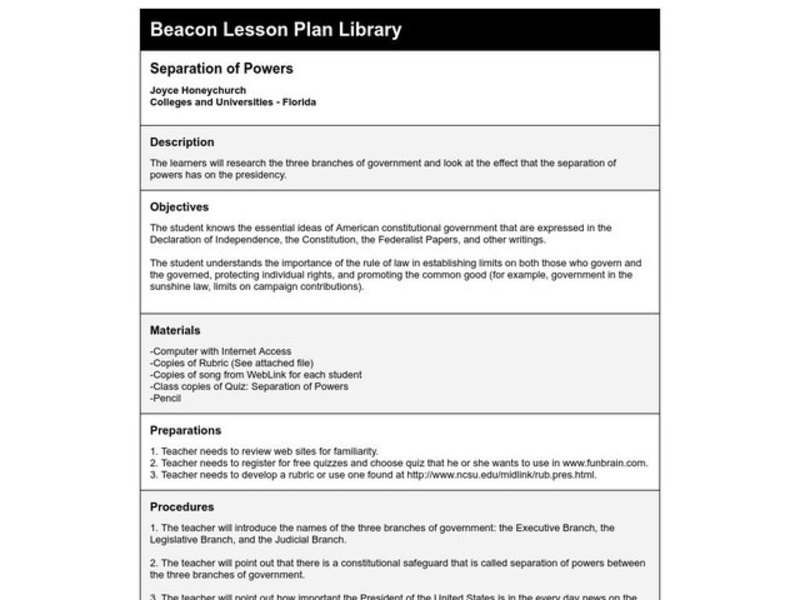 Separation of Powers Lesson Plan Separation of Powers Lesson Plan