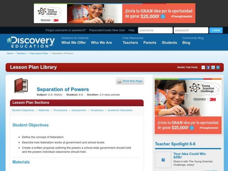 Separation of Powers Lesson Plan Separation of Powers Lesson Plan