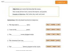 Adjectives - Definition and Sentence Completion Worksheet Adjectives - Definition and Sentence Completion Worksheet