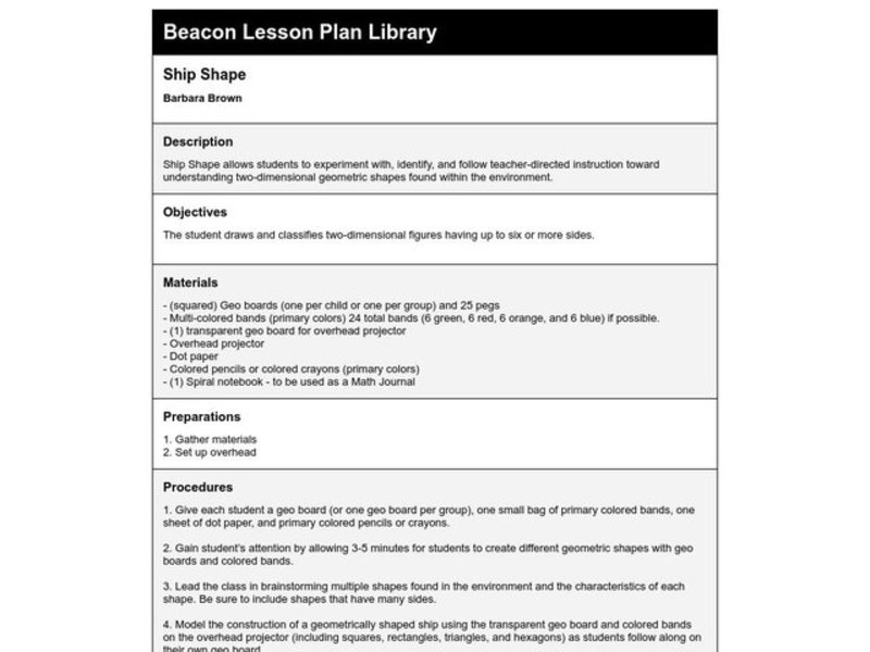 Ship Shape Lesson Plan Ship Shape Lesson Plan