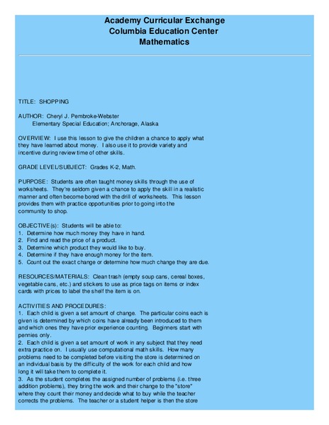 Shopping Lesson Plan Shopping Lesson Plan