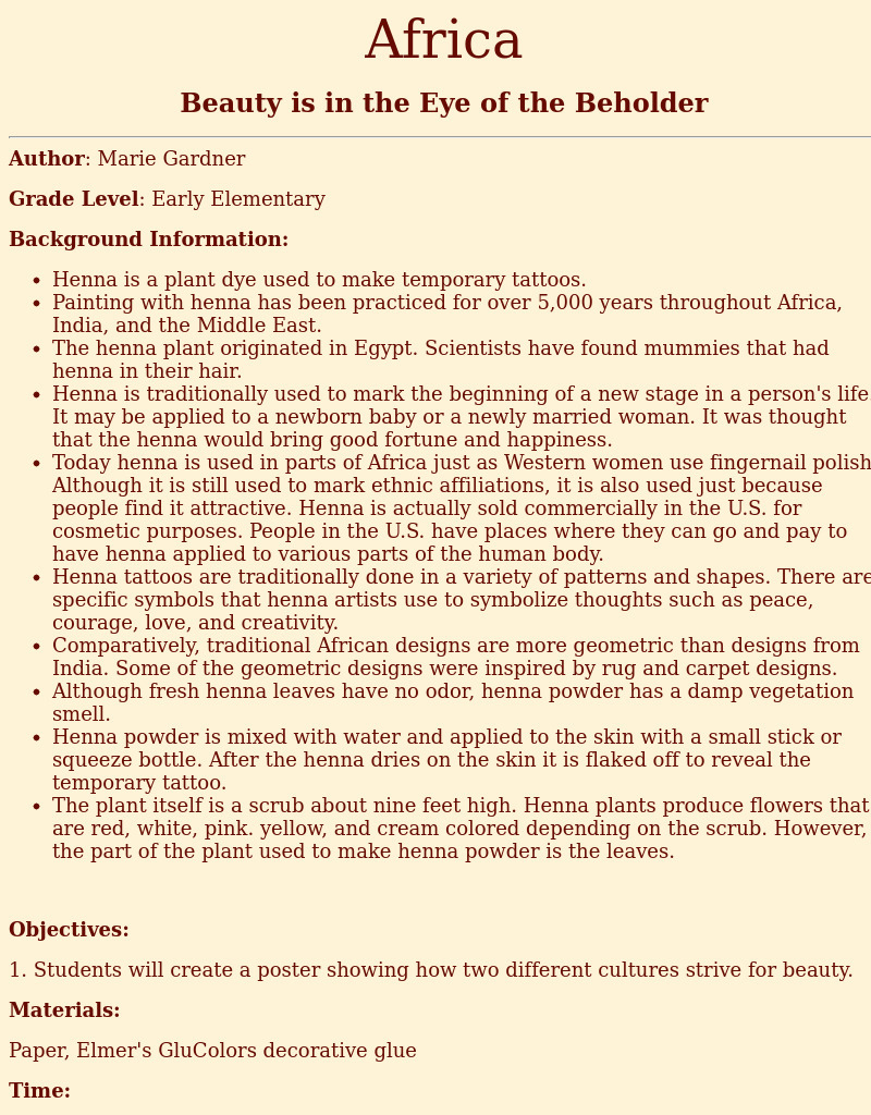 Africa Lesson Plan Africa Lesson Plan