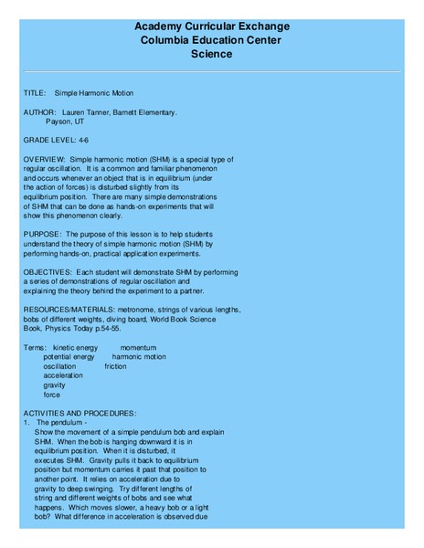 Simple Harmonic Motion Lesson Plan Simple Harmonic Motion Lesson Plan