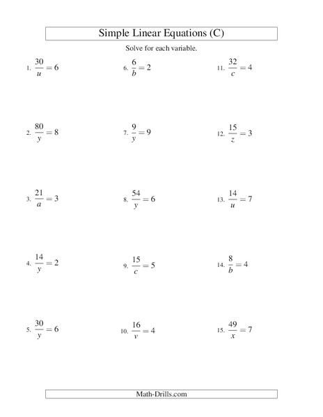 Simple Linear Equations (C) Worksheet Simple Linear Equations (C) Worksheet