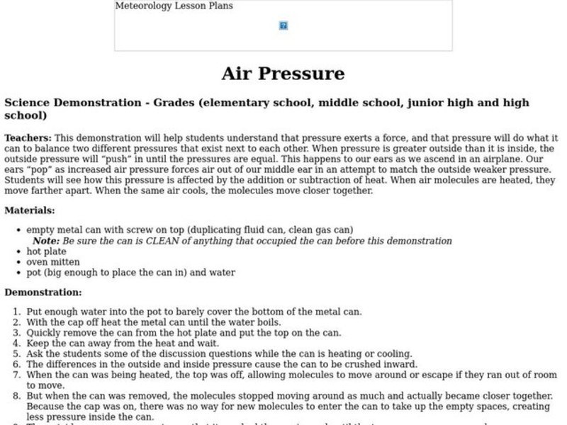 Air Pressure Lesson Plan Air Pressure Lesson Plan
