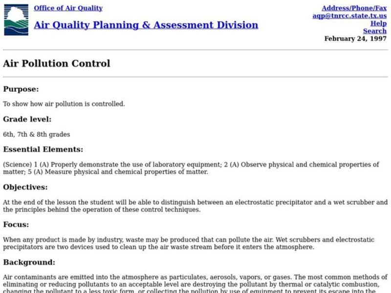 Air Pollution Control Lesson Plan Air Pollution Control Lesson Plan