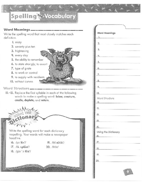 Spelling and Vocabulary Page 9 Worksheet Spelling and Vocabulary Page 9 Worksheet