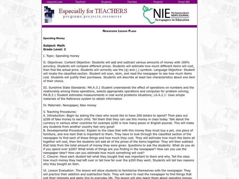 Spending Money Lesson Plan Spending Money Lesson Plan