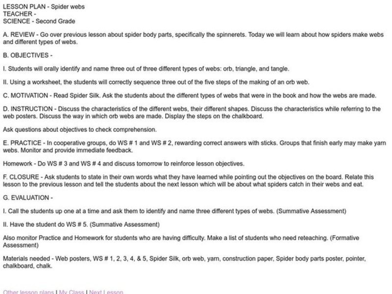 Spider webs Lesson Plan Spider webs Lesson Plan