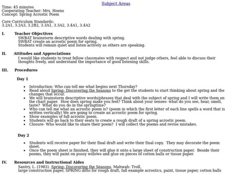Spring Acrostic Poem Lesson Plan Spring Acrostic Poem Lesson Plan