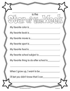 Star of the Week Worksheet for 2nd - 5th Grade | Lesson Planet