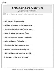 Statements and Questions Worksheet Statements and Questions Worksheet