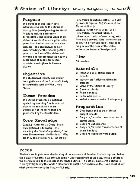 Statue of Liberty Lesson Plan Statue of Liberty Lesson Plan