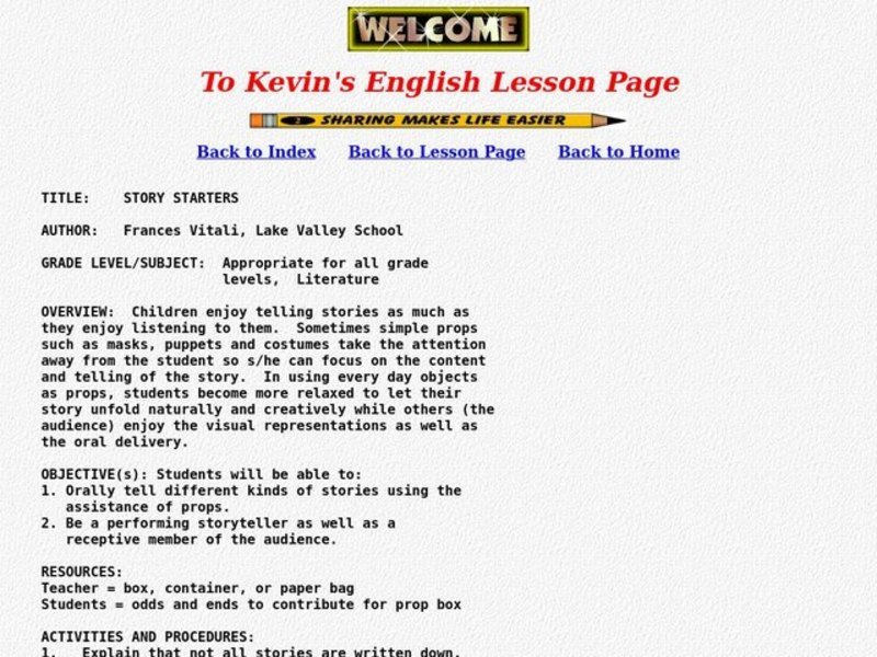 Story Starters Lesson Plan Story Starters Lesson Plan
