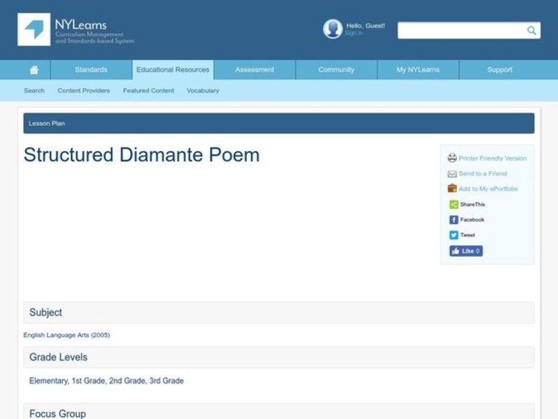 Structured Diamante Poem Lesson Plan Structured Diamante Poem Lesson Plan