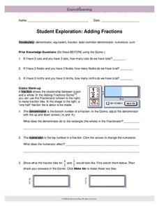 Student Exploration: Adding Fractions Worksheet Student Exploration: Adding Fractions Worksheet