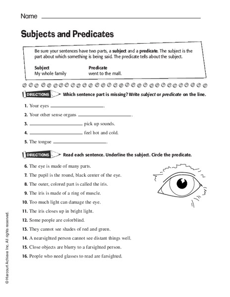 Subjects and Predicates Worksheet Subjects and Predicates Worksheet